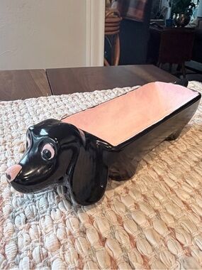 Vintage Ceramic Black and Pink Dachshund Dog Figurine Planter Trinket Dish